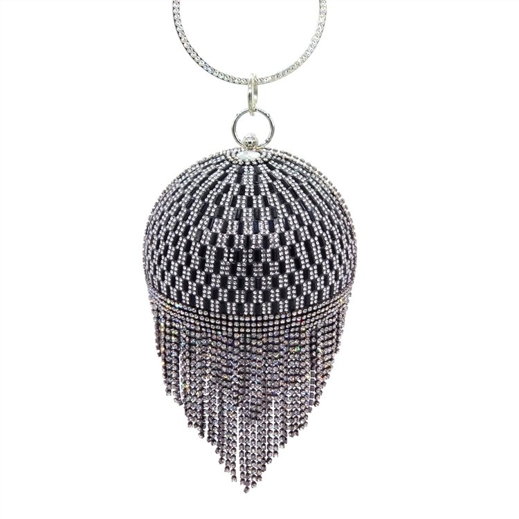Newest gold glitter women tassel party silver purse diamond handbags luxury brand crystal round evening bag