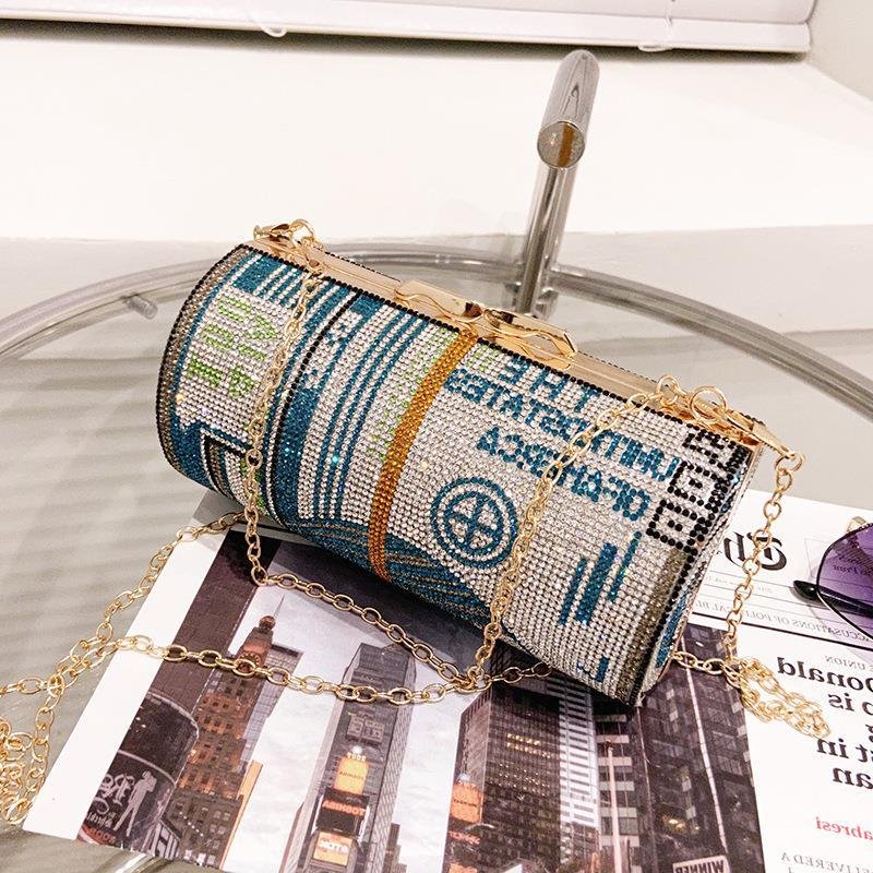 Hot Selling Fashion Evening Bag Diamond-encrusted Party Dinner Chain Handbag Luxury Ladies Cylinder Bag