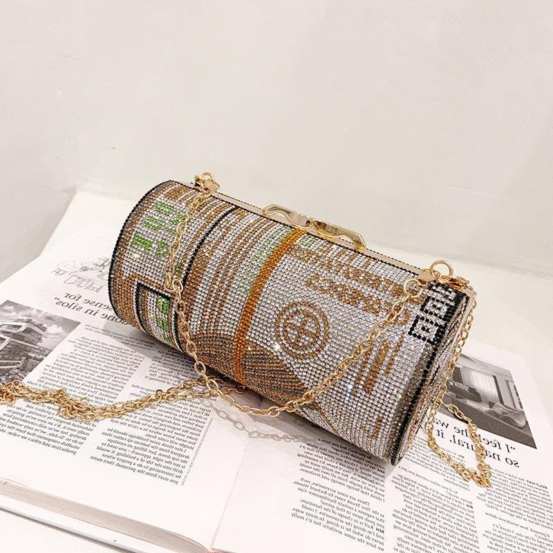 Hot Selling Fashion Evening Bag Diamond-encrusted Party Dinner Chain Handbag Luxury Ladies Cylinder Bag