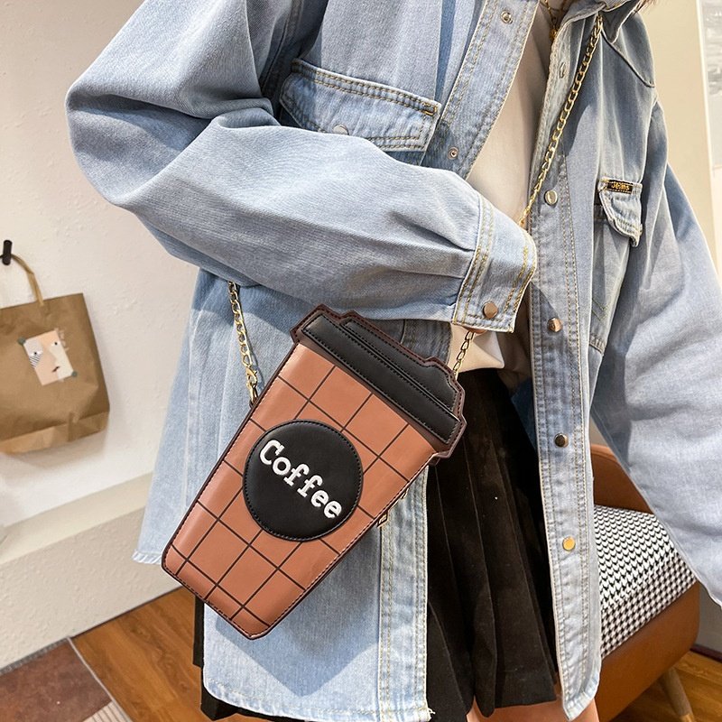 Individuality Creativity Plaid Color Contrast Alphabet Leather Label Letter Leather Label Coffee Cup Shoulder Handbag Clutch Bag