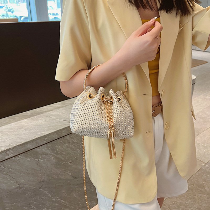 Rhinestone lady evening bag shiny diamond bucket bag with metal handle small cross-body shoulder bags for women