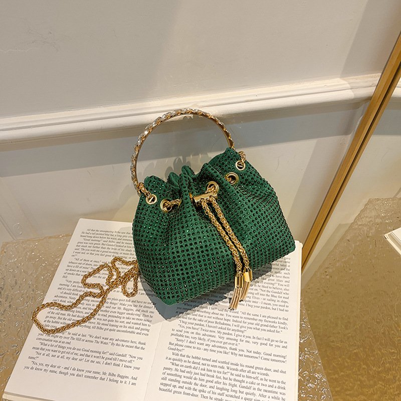 Rhinestone lady evening bag shiny diamond bucket bag with metal handle small cross-body shoulder bags for women