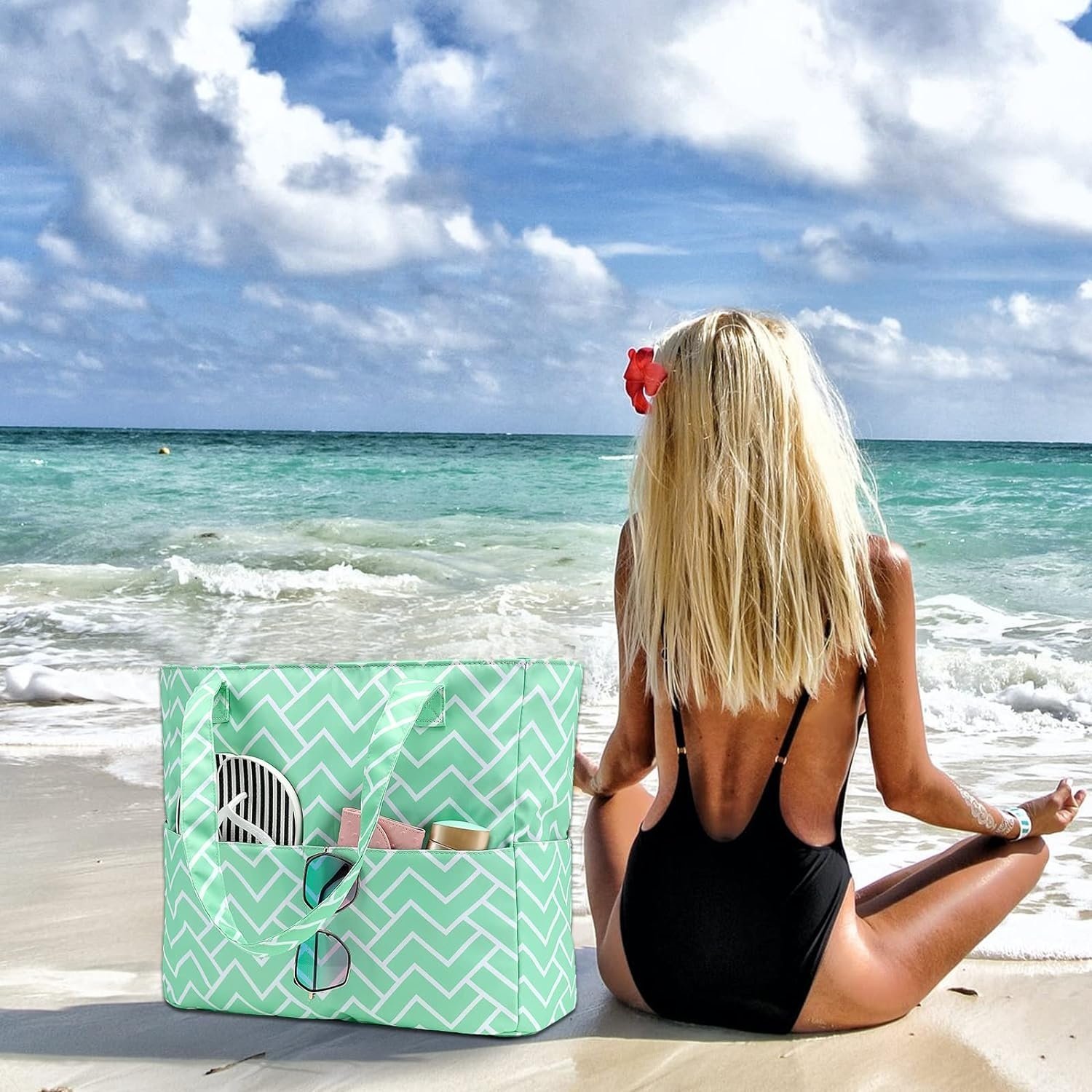 SHOREGUARD All Over Printed Canvas Tote Bag with 2 Bottle Holder Pockets and Matching Handle
