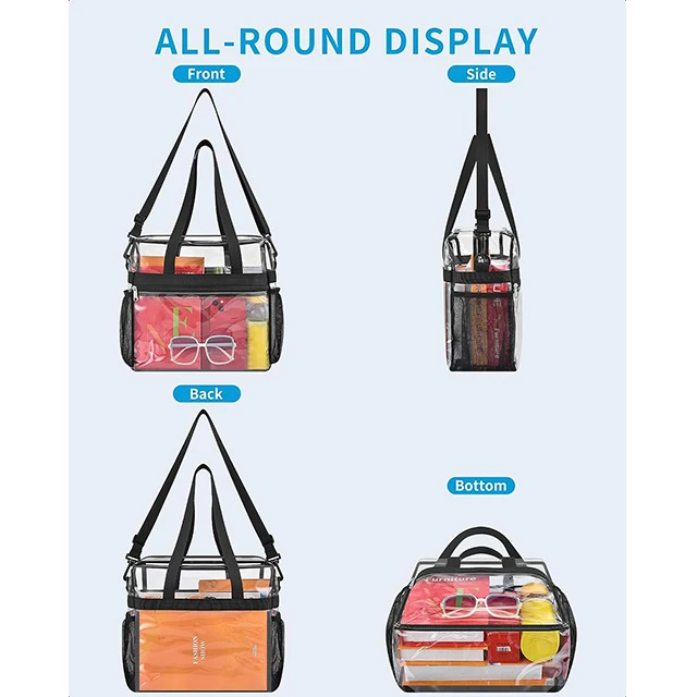 Custom Lightweight Waterproof PVC Clear Tote Bag Roomy Stadium Handbags with Zipper Closure See Transparent Shoulder Bags