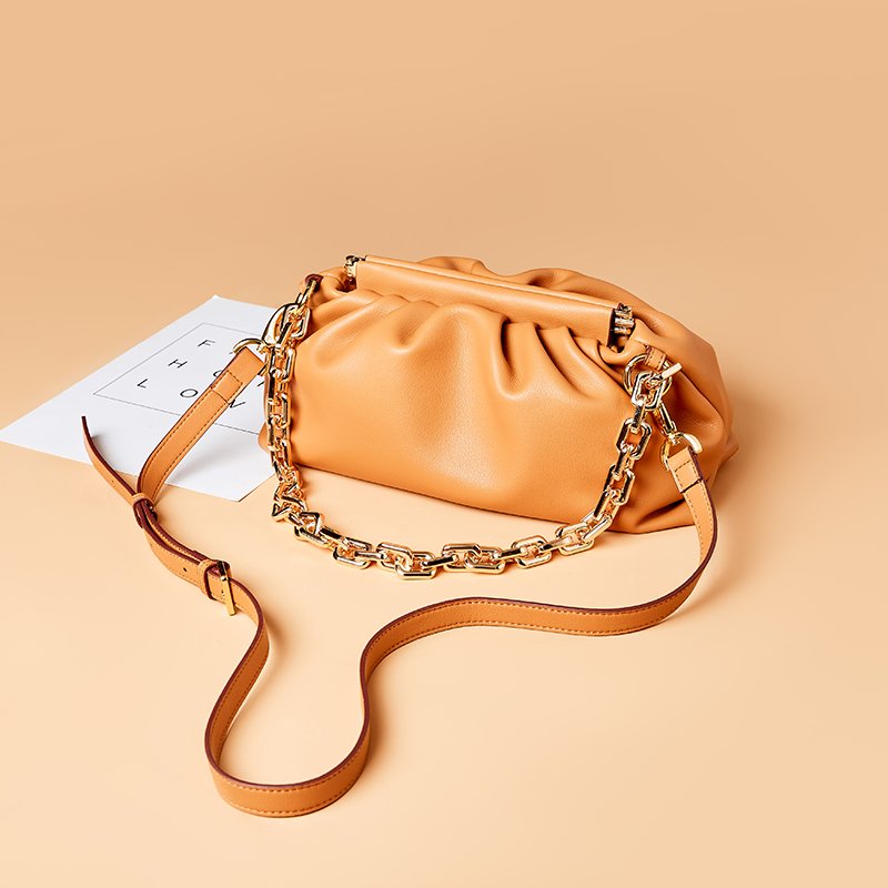 Tiding Korean Style Real Leather Chunk Chain Dumpling Bag Cloud Clutch Purse for Women with Ruched Detail