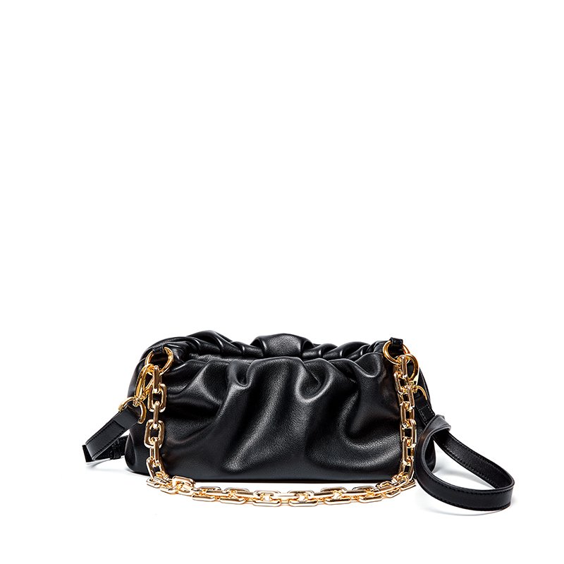 Tiding Korean Style Real Leather Chunk Chain Dumpling Bag Cloud Clutch Purse for Women with Ruched Detail