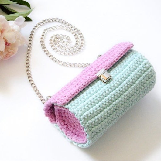Unique design bag Pink blue crochet women clutch bag with chain, Cylinder purse bag, Crossbody tube handbag