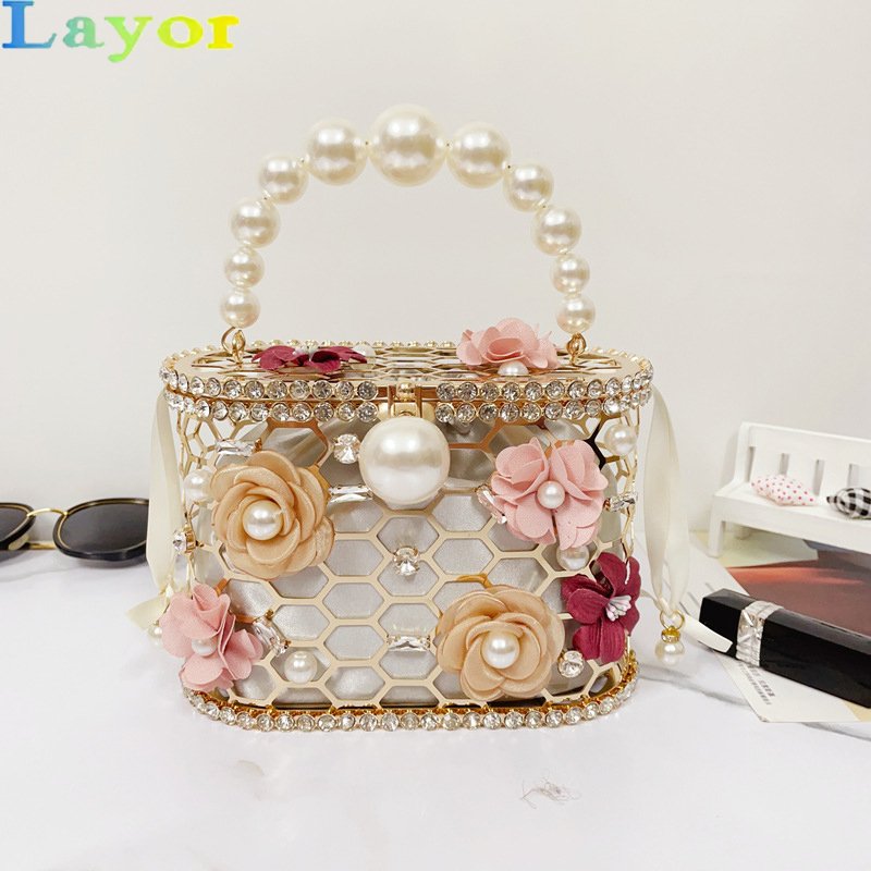 2024 New designer Ladies Popular Purses Bucket Bags Luxury Flower Pearl Evening Bags Women Fashion Bling Tote Handbag