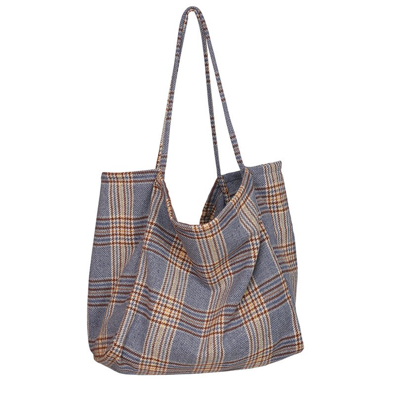 Black Plaid Women Simple Shoulder Bag Soft Cloth Fabric Large Capacity Tote Canvas Bags For Pretty Young Girls