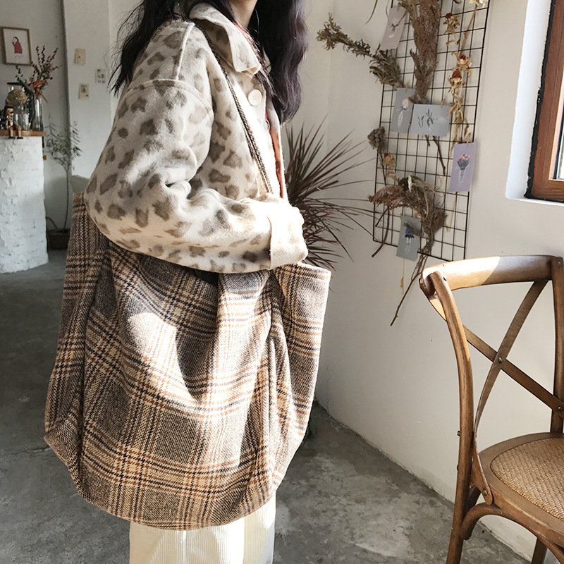 Black Plaid Women Simple Shoulder Bag Soft Cloth Fabric Large Capacity Tote Canvas Bags For Pretty Young Girls