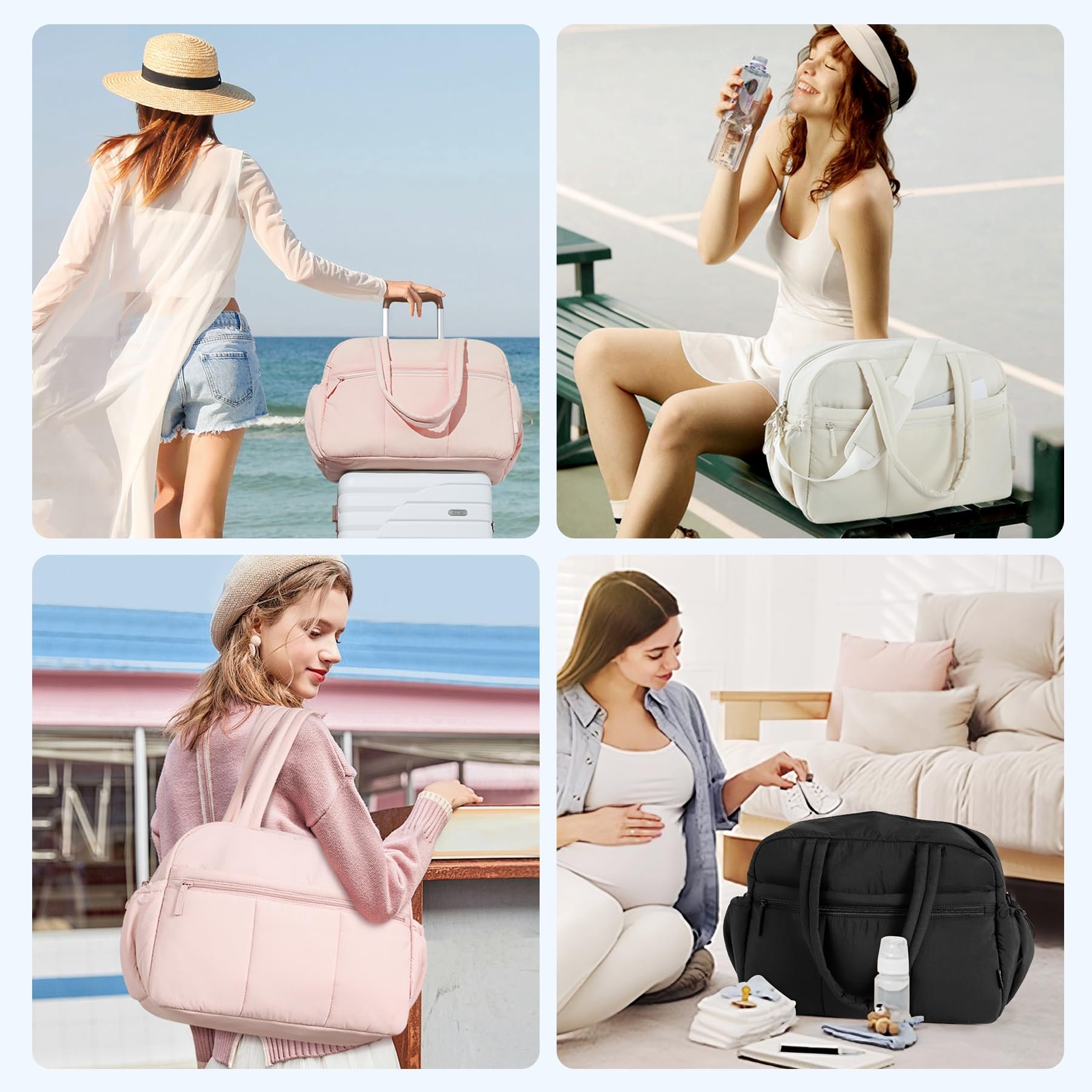 30L Puffy Gym Yoga Travel Duffel Bag Women Puffer Quilted Cotton Bag Carry on Light Padded Overnight Weekender Tote Bag