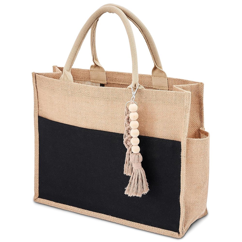 With Pendant With Black Lining Fashion Recycled Waterproof Custom Jute Beach Tote Bag