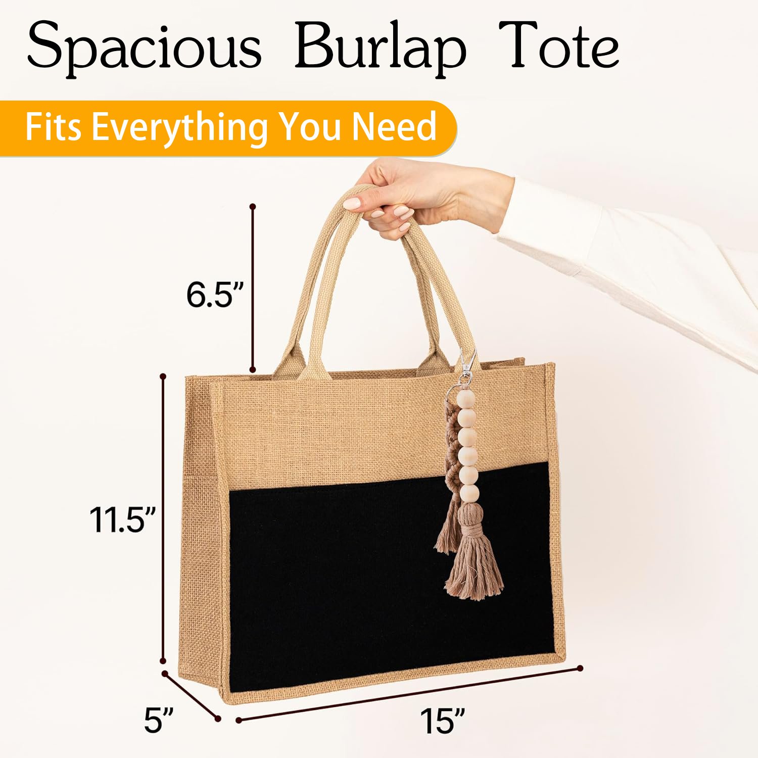 With Pendant With Black Lining Fashion Recycled Waterproof Custom Jute Beach Tote Bag