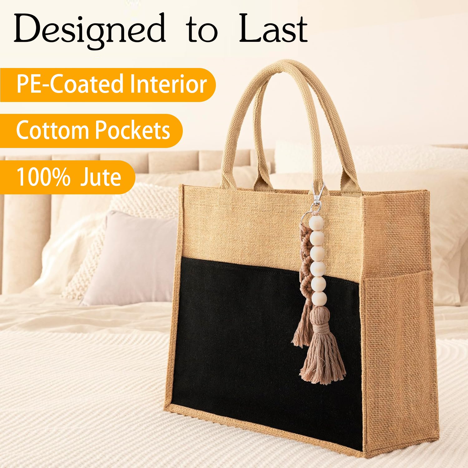 With Pendant With Black Lining Fashion Recycled Waterproof Custom Jute Beach Tote Bag