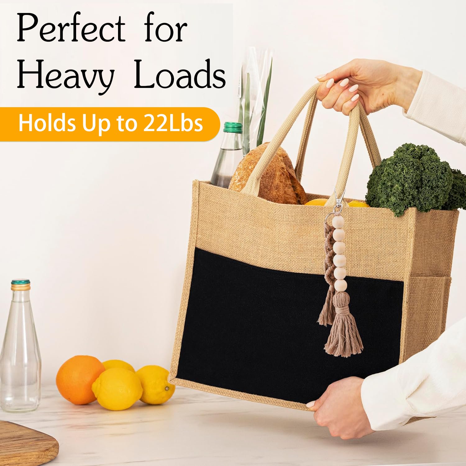 With Pendant With Black Lining Fashion Recycled Waterproof Custom Jute Beach Tote Bag