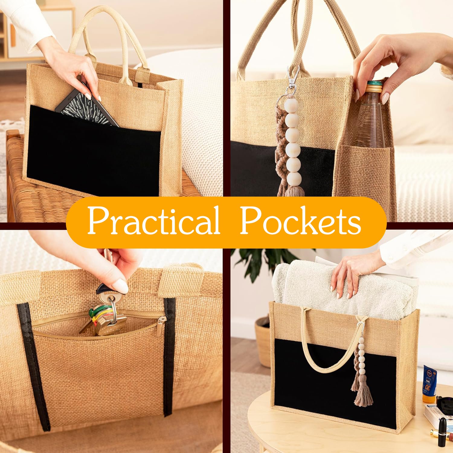 With Pendant With Black Lining Fashion Recycled Waterproof Custom Jute Beach Tote Bag