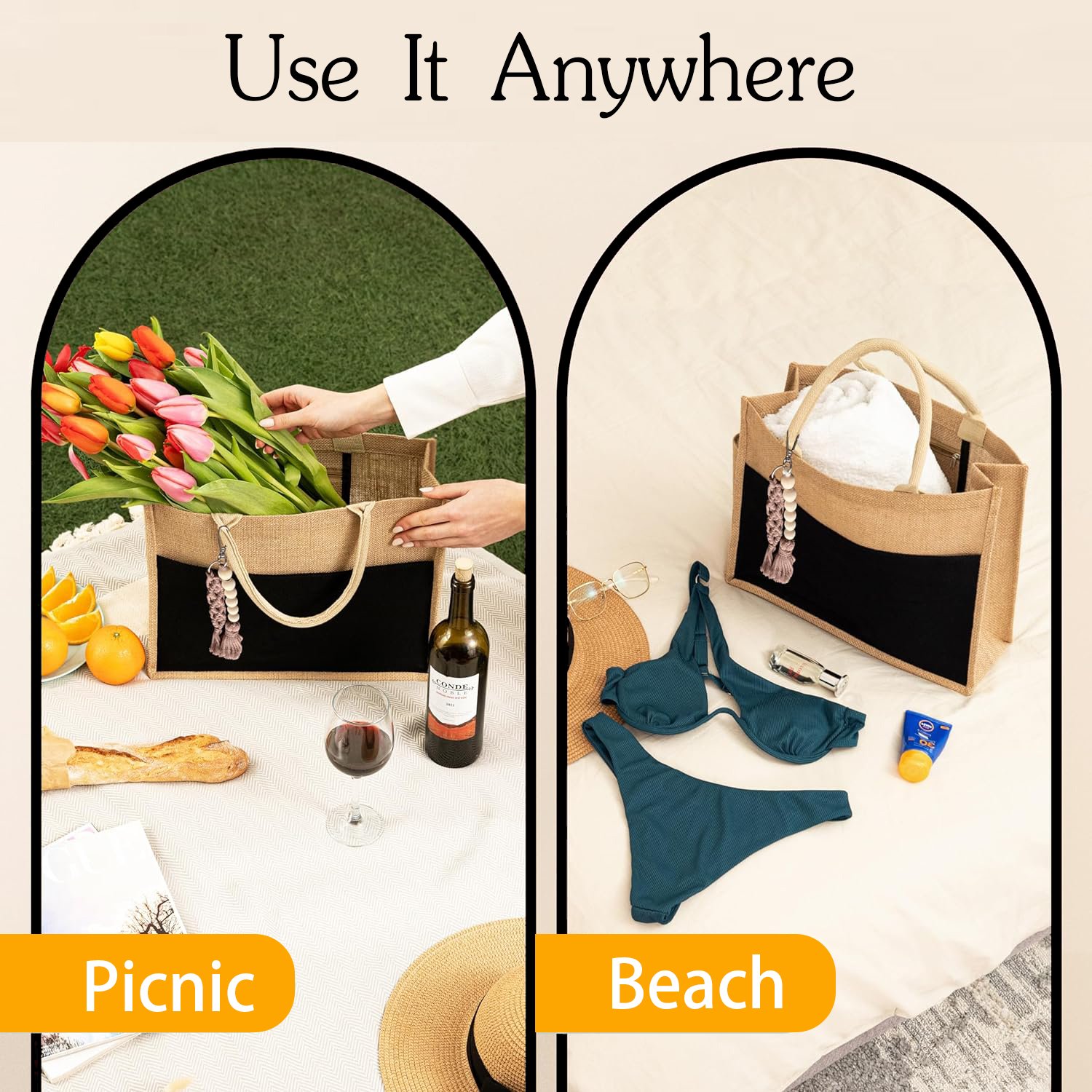 With Pendant With Black Lining Fashion Recycled Waterproof Custom Jute Beach Tote Bag