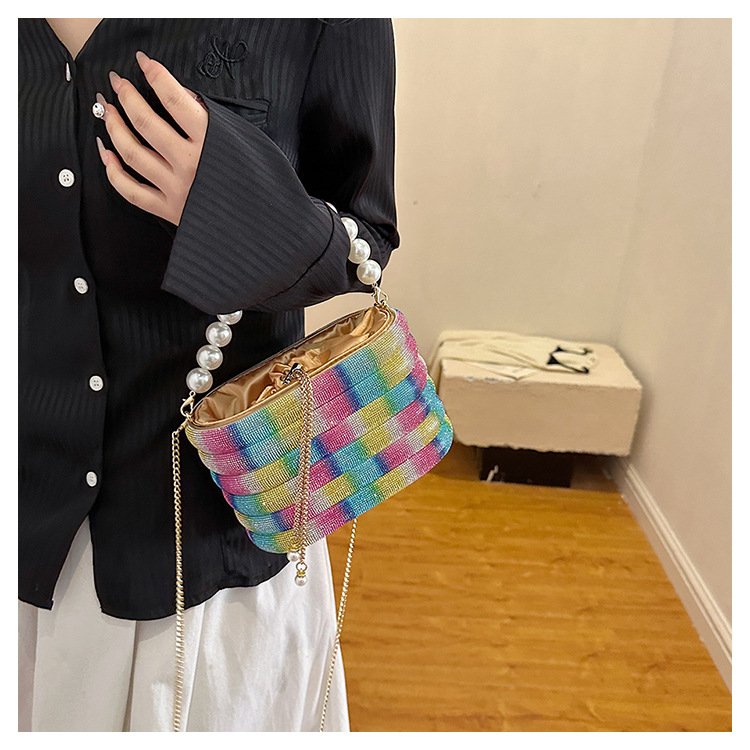 Handmade Women's Evening Bag Fac Direct Diamond-Encrusted Bucket Bag with Advanced Sense Full Rainbow Dazzling for Dinner