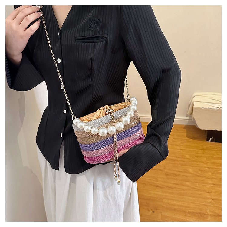 Handmade Women's Evening Bag Fac Direct Diamond-Encrusted Bucket Bag with Advanced Sense Full Rainbow Dazzling for Dinner
