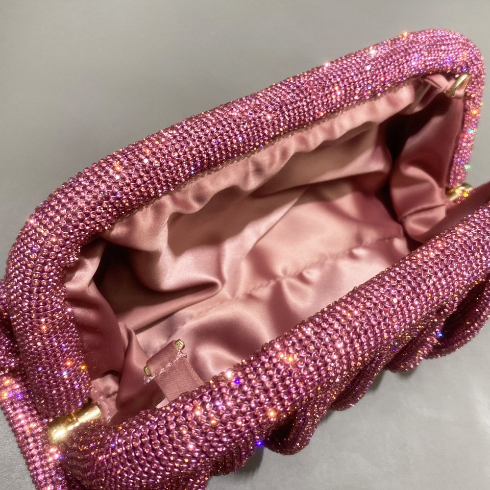 Vintage Luxury Shoulder Bag with Sparkling Diamond PVC Rhinestone Pleated Evening Purse Weddings Parties featuring Nylon Lining