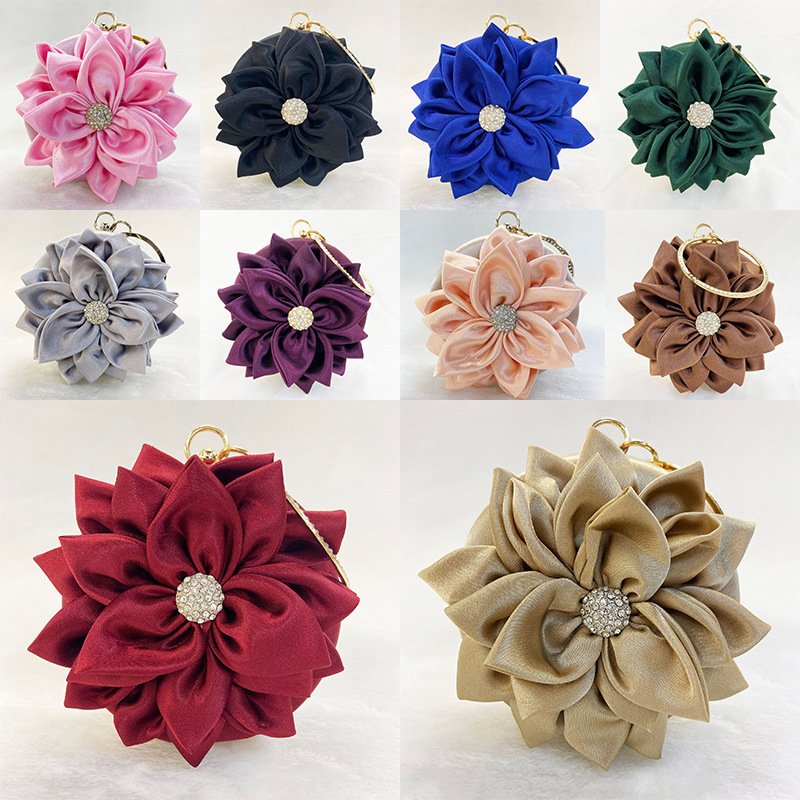 Women Retro Elegant Evening Bags Silk Flower Diamond Circle Banquet Handbags Purses Luxury Designer Beaded Crossbody Bags