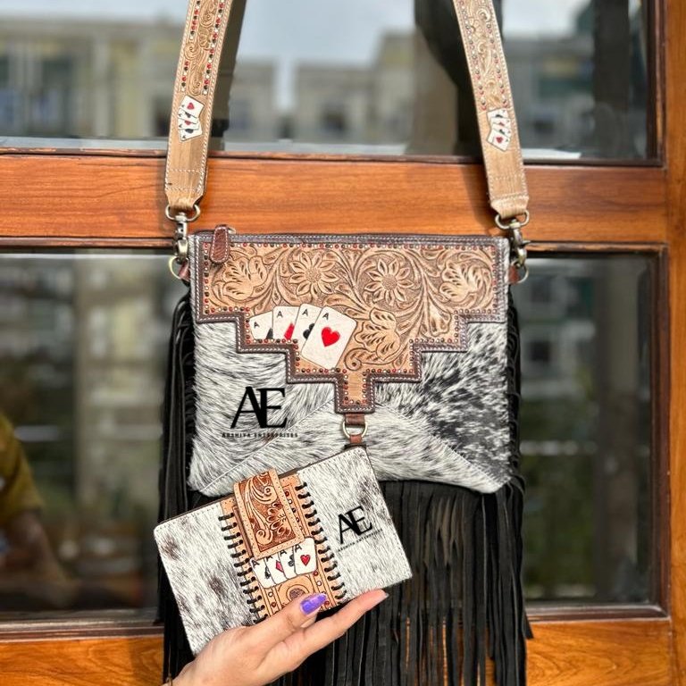 New Real Western Handcrafted Tooled Cowhide Leather Handbag Women Evening Bag And Genuine Leather Wallet Unique Combo Set