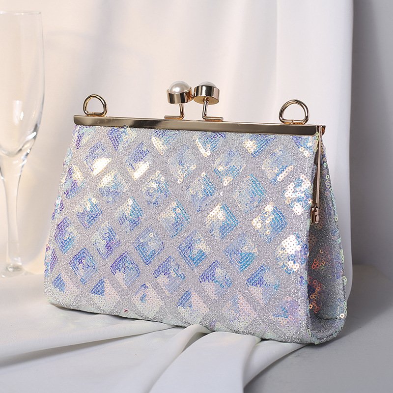 Fashion Sparkly Handmade Sequin Dinner Evening Bag Women's Pearl Tote Pearl Buckle Crossbody Chain Bag