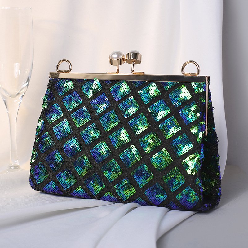 Fashion Sparkly Handmade Sequin Dinner Evening Bag Women's Pearl Tote Pearl Buckle Crossbody Chain Bag