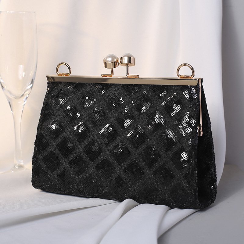 Fashion Sparkly Handmade Sequin Dinner Evening Bag Women's Pearl Tote Pearl Buckle Crossbody Chain Bag