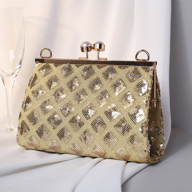 Fashion Sparkly Handmade Sequin Dinner Evening Bag Women's Pearl Tote Pearl Buckle Crossbody Chain Bag
