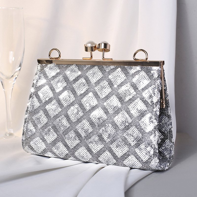 Fashion Sparkly Handmade Sequin Dinner Evening Bag Women's Pearl Tote Pearl Buckle Crossbody Chain Bag
