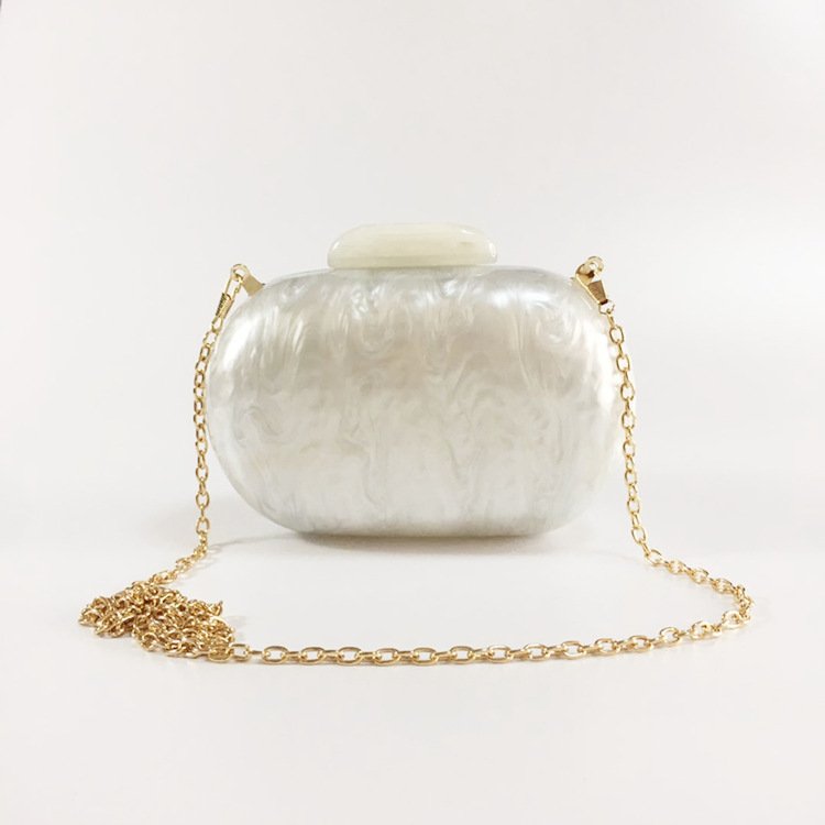Hot selling marble party acrylic clutch oval resin shell twill evening bag handbags long chains amber mirror surface small box