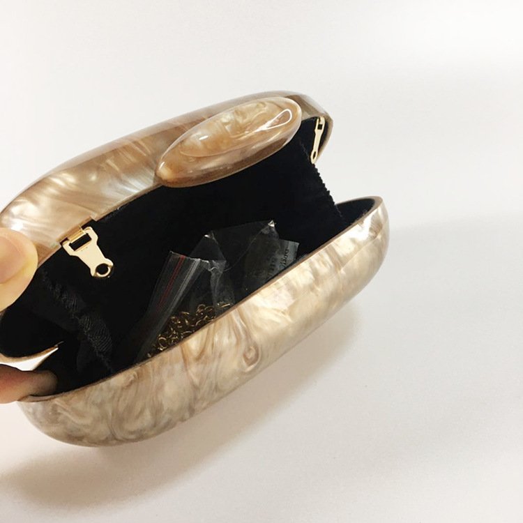 Hot selling marble party acrylic clutch oval resin shell twill evening bag handbags long chains amber mirror surface small box