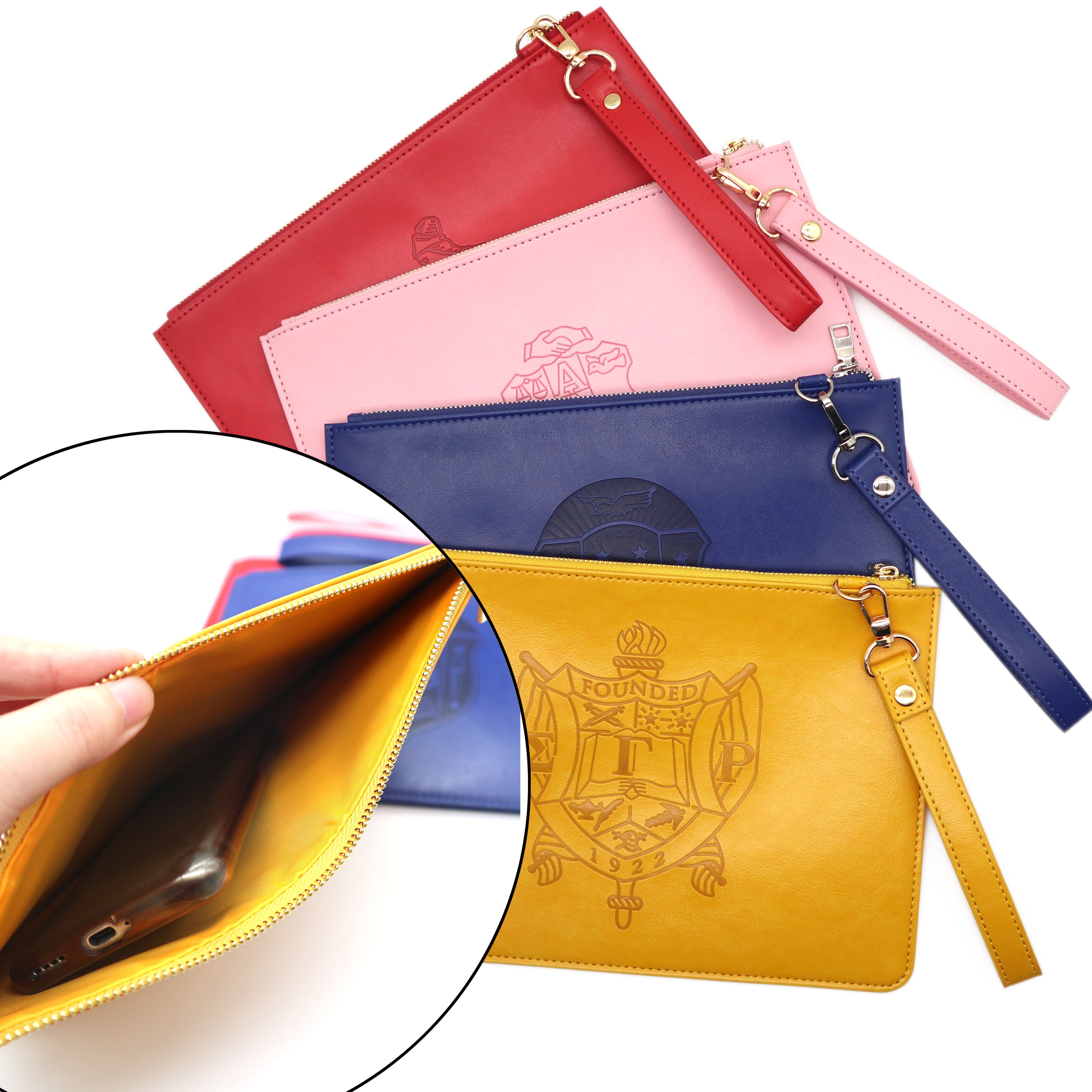 Ready to Ship Red Black Del Woman Sorority Leather Clutch Bag Wristlet Bag with Strap for Women Wallet Purse Cosmetics Bag