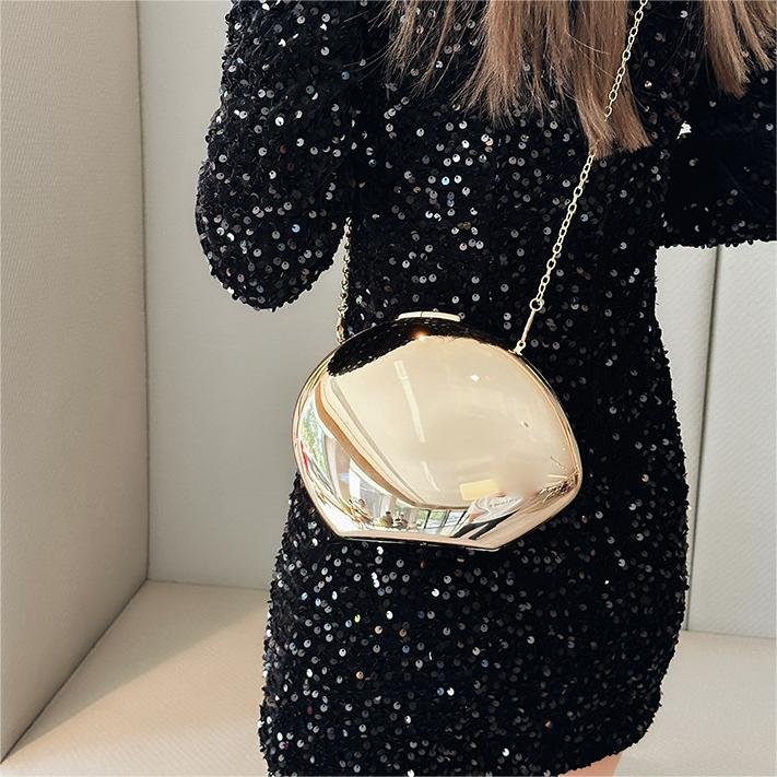 Acrylic Golden Chain Cross Party Clutch Bag Fashion Lady Metal Goose's egg Shaped Shiny Purse Wedding Party Evening Clutch