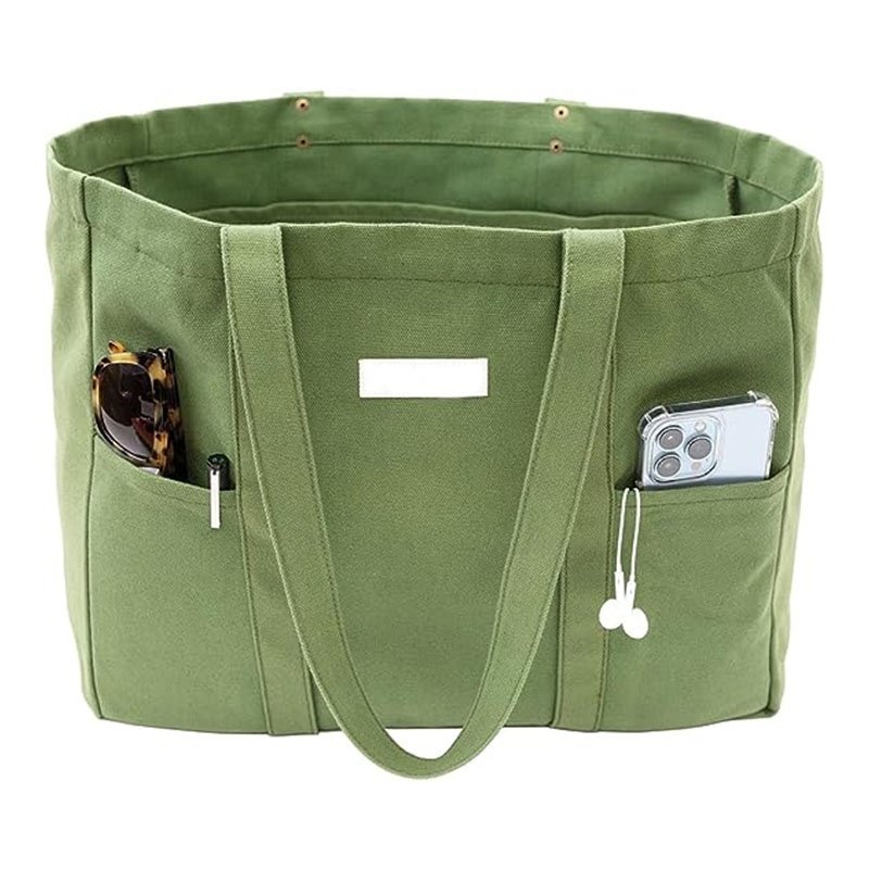 Manufacture Custom Logo Printing Portable Large Canvas Tote Bag Utility Tote With 2 Front Pockets and Laptop Sleeve Teacher Bag