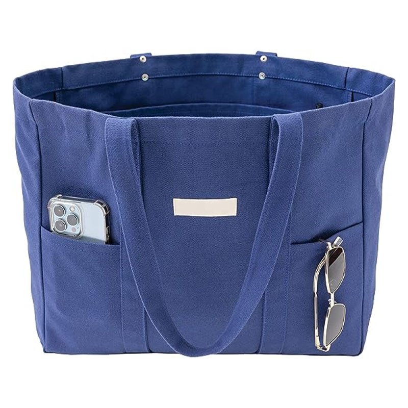 Manufacture Custom Logo Printing Portable Large Canvas Tote Bag Utility Tote With 2 Front Pockets and Laptop Sleeve Teacher Bag