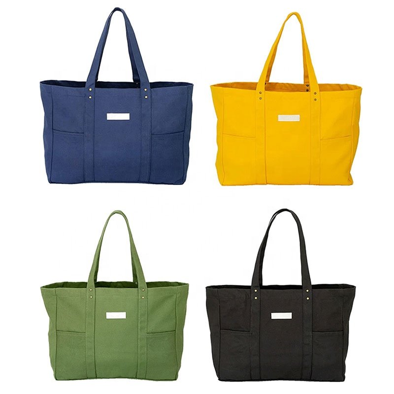 Manufacture Custom Logo Printing Portable Large Canvas Tote Bag Utility Tote With 2 Front Pockets and Laptop Sleeve Teacher Bag