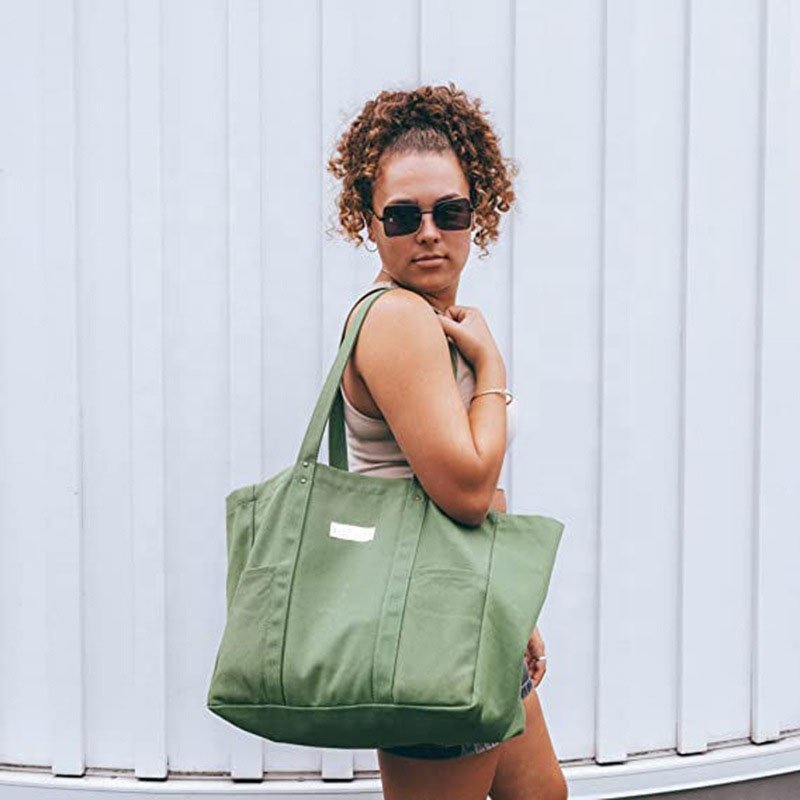 Manufacture Custom Logo Printing Portable Large Canvas Tote Bag Utility Tote With 2 Front Pockets and Laptop Sleeve Teacher Bag
