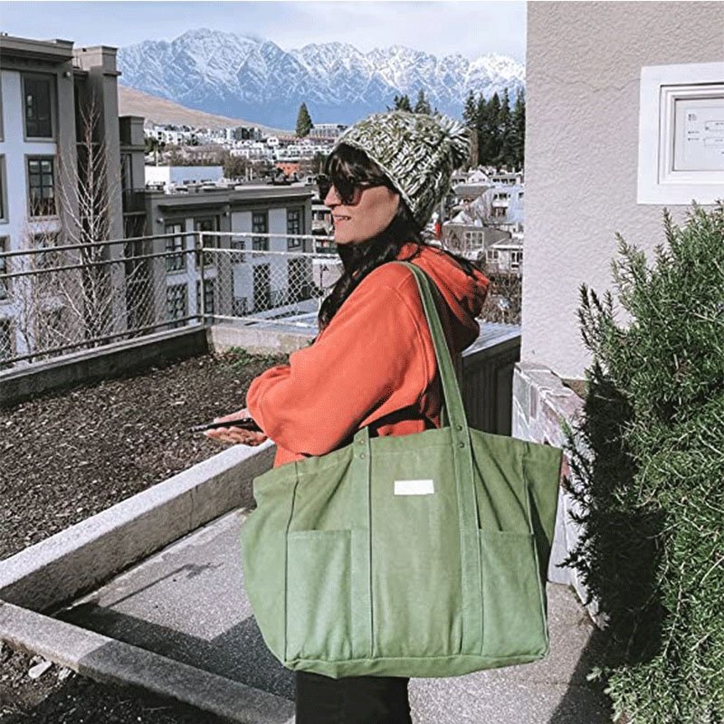 Manufacture Custom Logo Printing Portable Large Canvas Tote Bag Utility Tote With 2 Front Pockets and Laptop Sleeve Teacher Bag