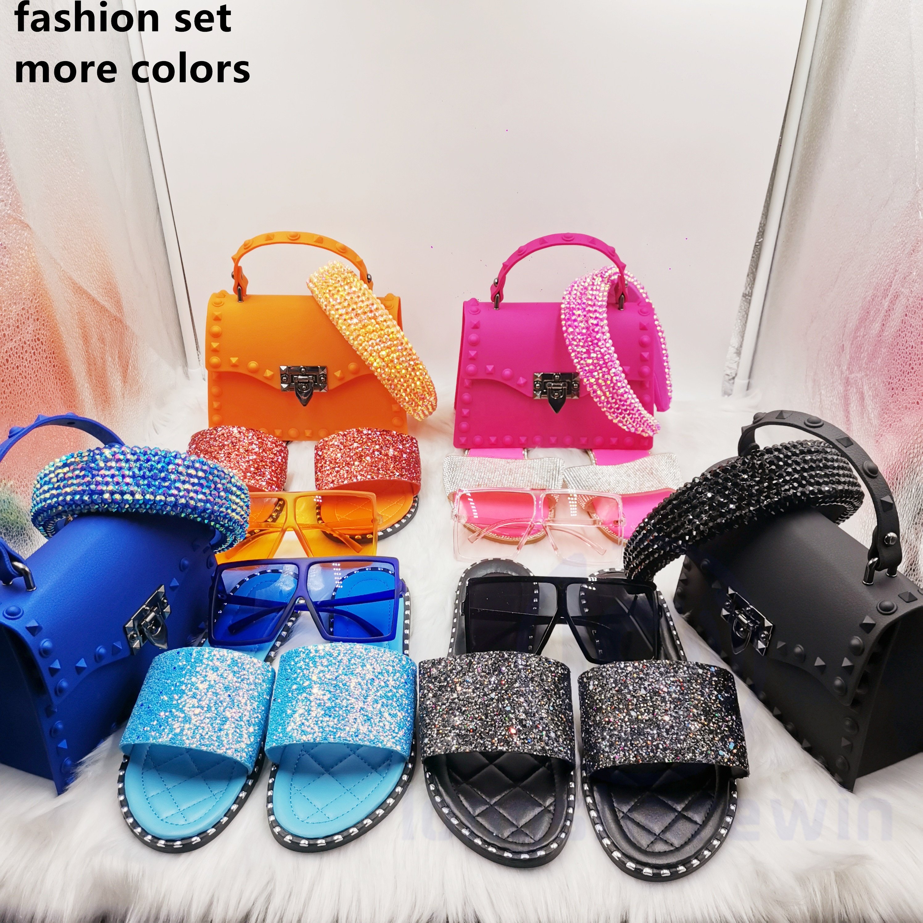 High Quality Leather Shoulder Handbag 2022 New Fashion Cross-border PVC Bag slippers slides headband sunglasses set