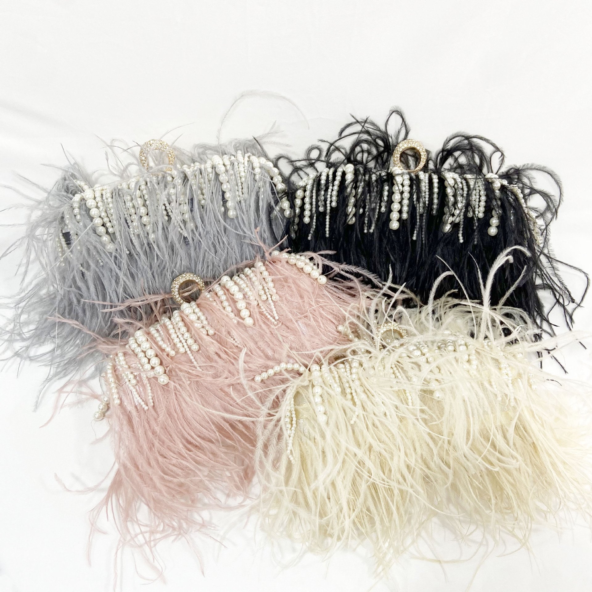 Luxury Clutch Evening Bags Fashion Ostrich Feather Pearl Women Handbags