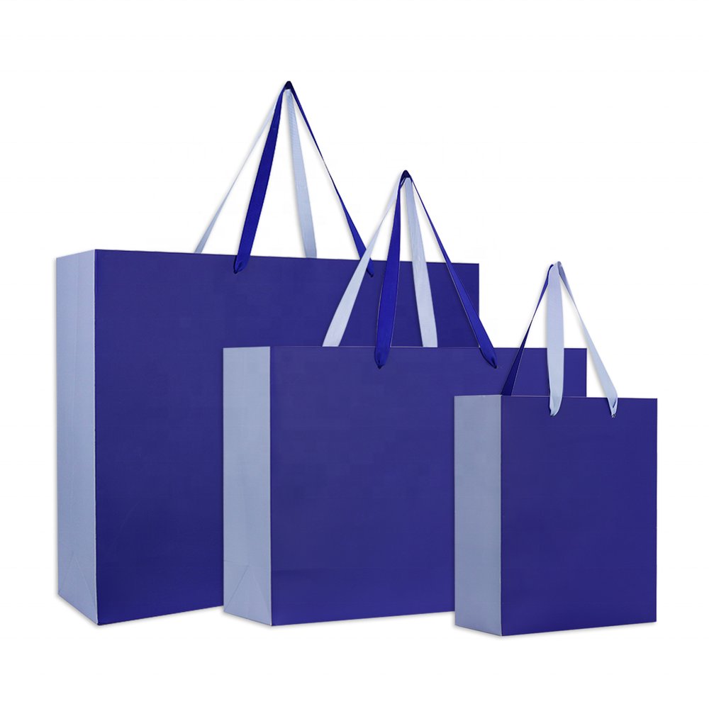 Premium Luxury Blue Wedding & Birthday Party Bags Ribbon Handle Paper Gift Packaging Totes For Gifting & Shopping