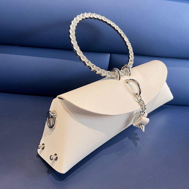 2024 Luxury Designer PU Leather Women's Shoulder Bag Handmade Rhinestone Stone Metal Ring Handle Wholesale Evening Wedding Bag