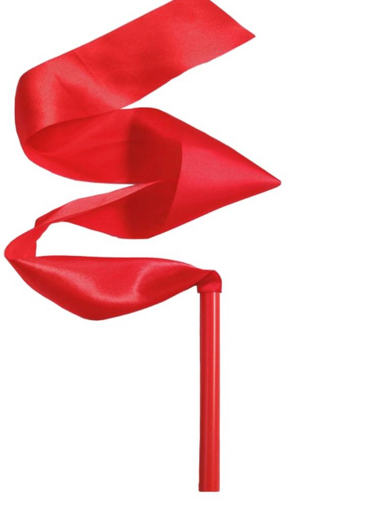 A pair of choreographs for dancing with a red silk belt and a stick for the art of gymnastics