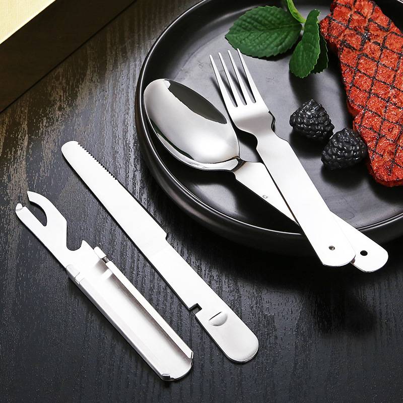 The stainless steel forklift and forklift set with the bottle opener and four sets of tableware for field camp