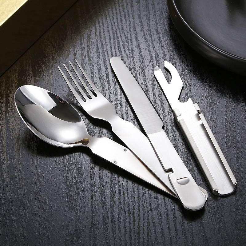 The stainless steel forklift and forklift set with the bottle opener and four sets of tableware for field camp