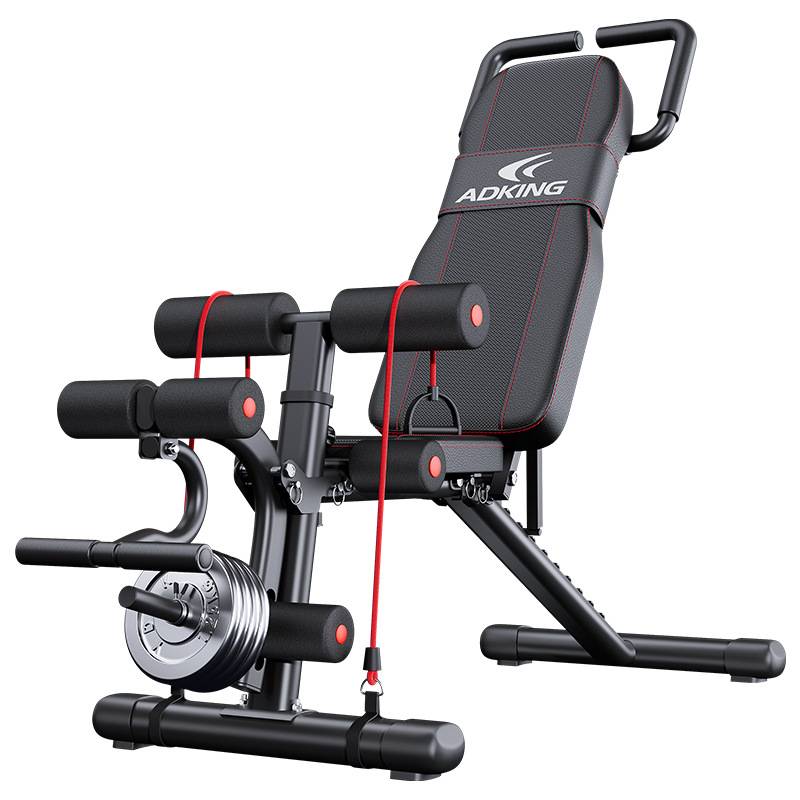 THE DUMB-BELL-STOOL PUSHER USES A GYM CHAIR TO SIT ON THE SIDE OF THE B-AIDED MAN-BELL TO FOLD THE MULTI-PURPOSE BENCH