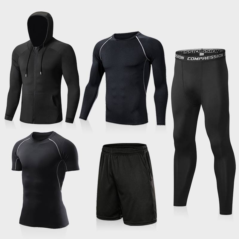 Five sets of gray-line black coats