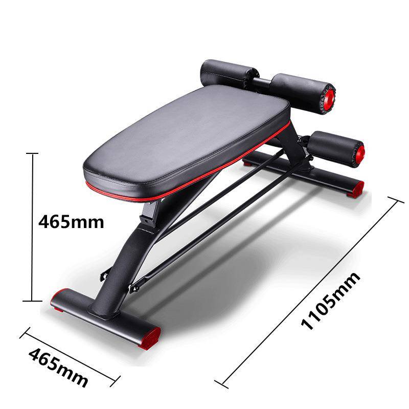 The new commercial multi-purpose dumb-bell stool at the running machine's head, with the abdominal plate on the back
